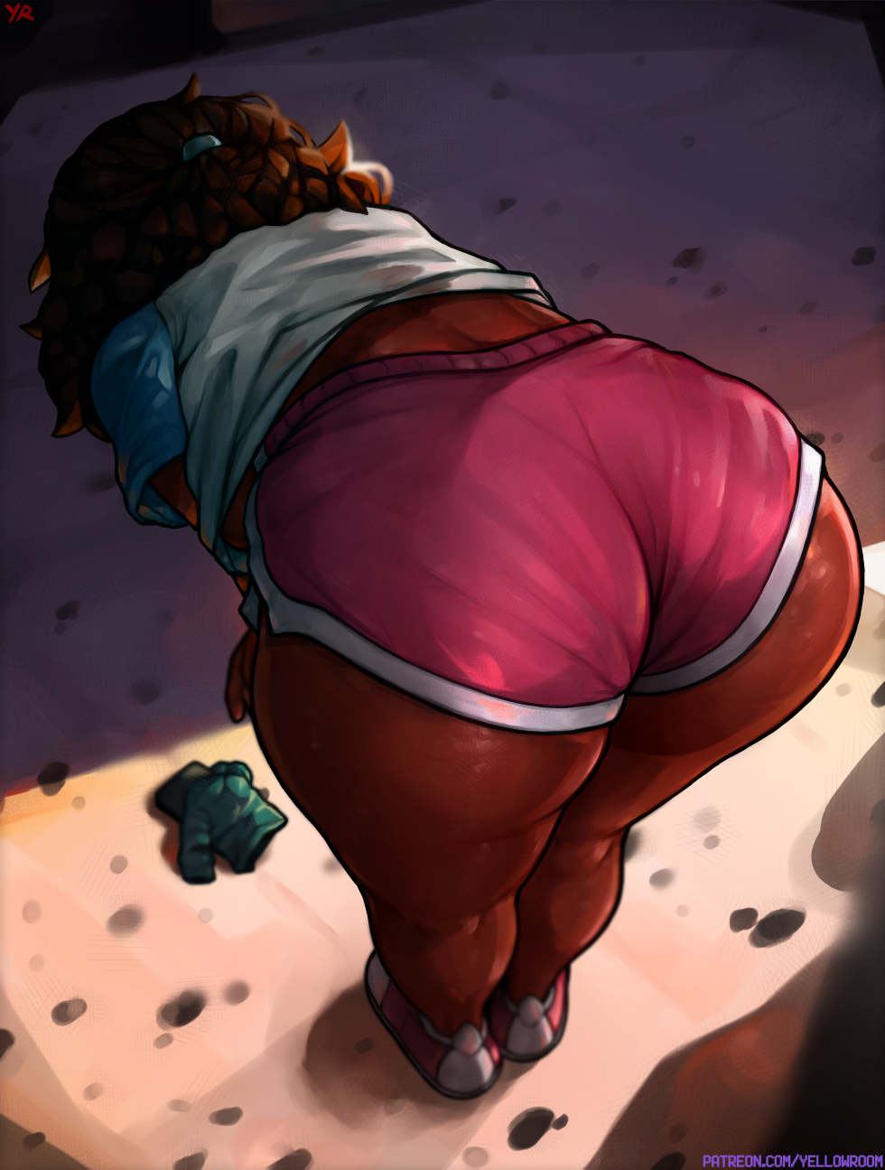 bent_over big_butt bottomwear brown_body brown_hair butt cartoon_network clothed clothing collage connie_maheswaran dark_body dark_skin digital_media_(artwork) female hair hi_res hotpants human mammal not_furry shirt shorts steven_universe topwear yellowroom