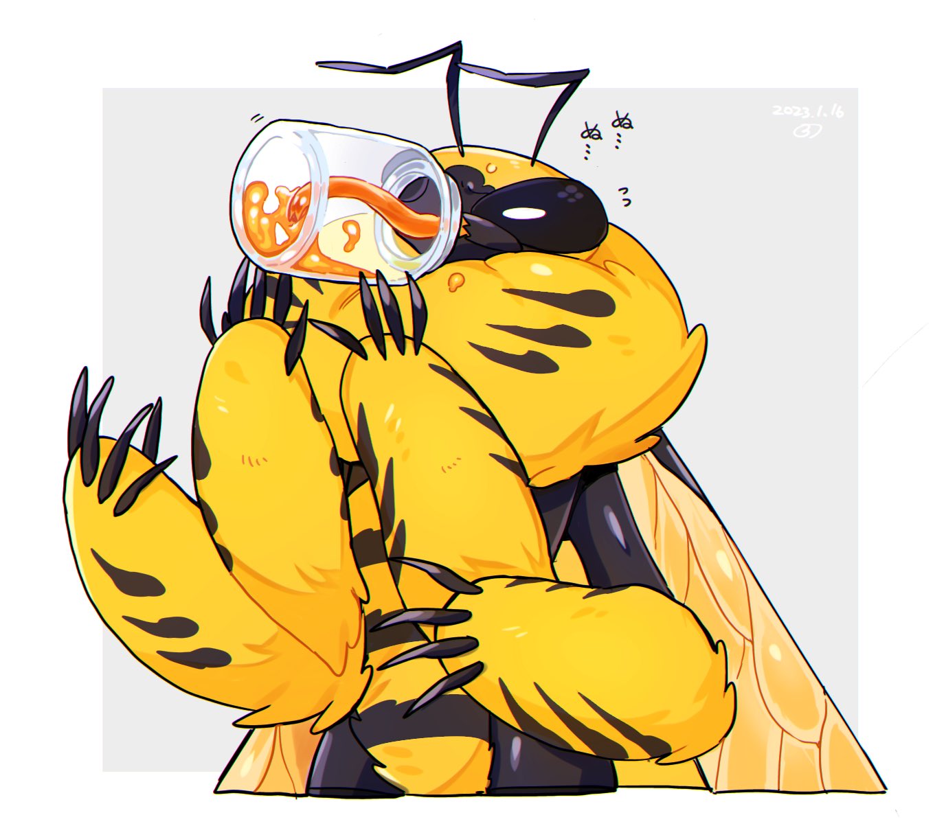 antennae_(anatomy) anthro arthropod bee drinking fluffy fur hi_res honey_(disambiguation) hymenopteran insect insect_wings japanese_text long_tongue male sannota272 solo text tongue wings yellow_body yellow_fur