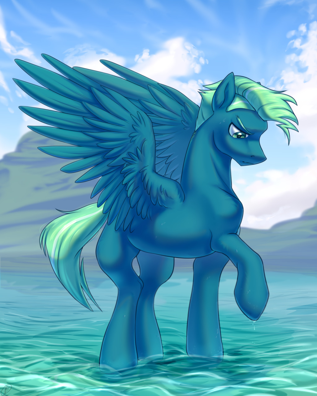 2022 a blue_body blue_fur detailed_background equid equine feral friendship_is_magic frown full-length_portrait fur green_hair green_tail hair hasbro hi_res hooves looking_down male mammal my_little_pony partially_submerged pegasus portrait quadruped raised_hoof renka2802 sky_stinger_(mlp) solo spread_wings tail teal_eyes water wings