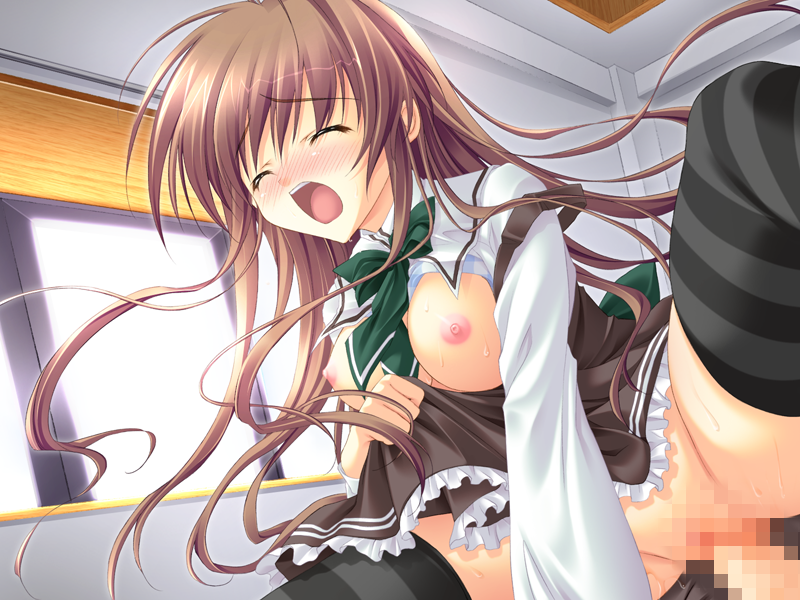 1girl akane-iro_ni_somaru_saka blush breasts brother_and_sister brown_hair censored cowgirl_position game_cg girl_on_top immoral incest long_hair nagase_minato open_mouth school_uniform sex siblings sister straddling taboo thighhighs vaginal