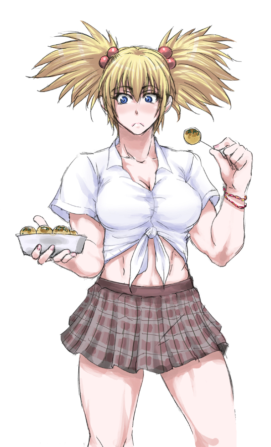 abs blonde_hair blue_eyes blush bracelet breasts buchou_chinke cleavage food frown hair_bobbles hair_ornament holding jewelry large_breasts midriff muscle muscular_female nail_polish remy_dadarne shirt simple_background skirt solo takoyaki thighs tied_shirt toothpick twintails white_background wrestle_angels