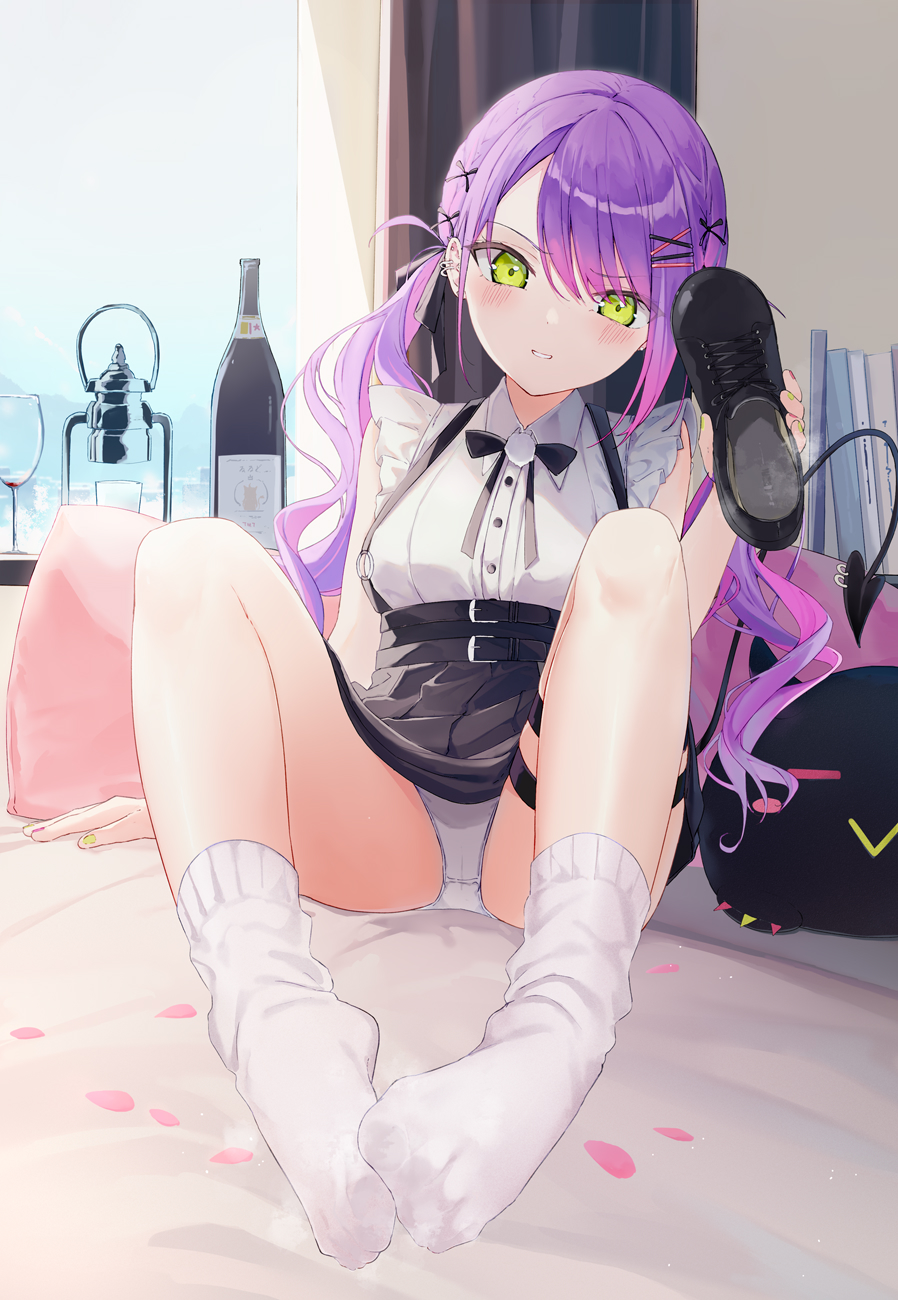 1girl arm_support bangs bed_sheet bibi_(tokoyami_towa) black_bow black_bowtie black_footwear black_skirt blush bow bowtie breasts collared_shirt commentary_request cup curtains demon_girl demon_tail drinking_glass ear_piercing feet foreshortening frilled_sleeves frills full_body green_eyes hair_ornament hairclip hand_up head_tilt highres holding holding_shoes hololive indoors knees_apart_feet_together knees_up kou_futoshi leaning_back legs long_hair looking_at_viewer medium_breasts multicolored_hair nail_polish no_shoes official_alternate_costume panties parted_bangs parted_lips partial_commentary piercing pillow pink_hair pink_nails pleated_skirt purple_hair shiny_skin shirt shoe_removed shoes short_sleeves sidelocks sitting skirt smell socks solo steaming_body streaked_hair suspender_skirt suspenders swept_bangs tail thigh_strap thighs toes tokoyami_towa twintails underbust underwear virtual_youtuber white_panties white_shirt white_socks window wine_glass x_hair_ornament yellow_nails