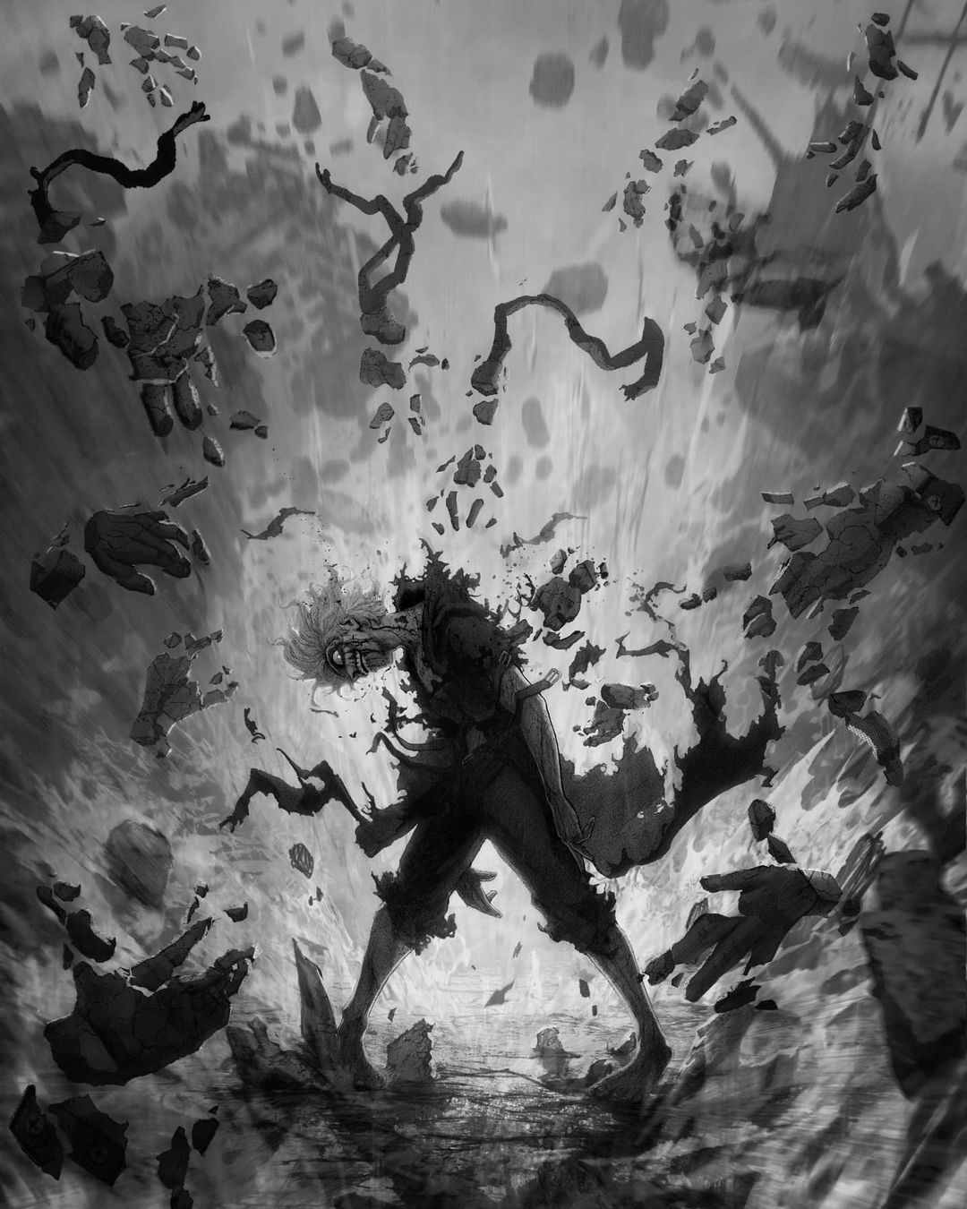 1boy arms_at_sides belt blood blood_on_face boku_no_hero_academia building commentary cracked_skin debris decay destruction disembodied_limb disintegration english_commentary evil_smile film_grain floating_clothes floating_hair glowing glowing_eyes greyscale ground_shatter head_down highres hooded_coat legs_apart male_focus manip messy_hair monochrome motion_blur open_mouth outdoors pants shigaraki_tomura short_sleeves smile solo spoilers standing stone torn_clothes torn_coat torn_pants