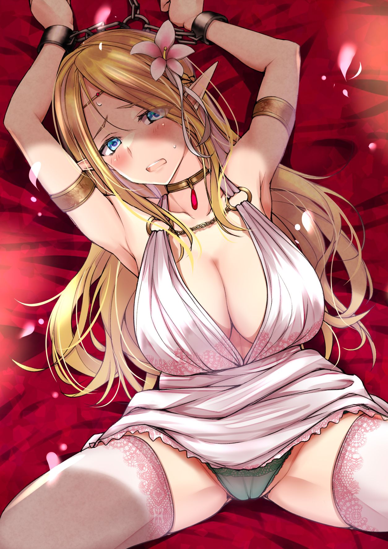 1girl armlet black_panties blonde_hair blue_eyes bound bound_wrists breasts cameltoe chain chained choker circlet collarbone dress elf flower hair_flower hair_ornament highres huge_breasts kuurunaitsu long_hair long_pointy_ears lying on_back original panties pointy_ears short_dress sleeveless sleeveless_dress solo spread_legs thighhighs underwear white_dress white_thighhighs