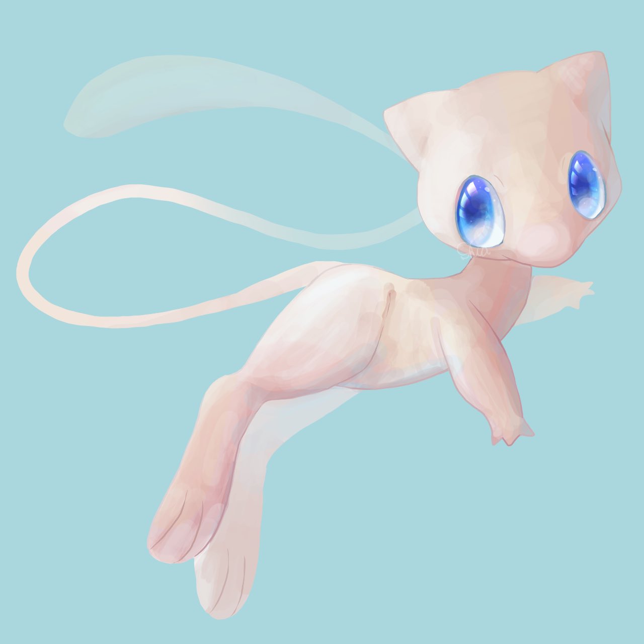 animal_focus artist_name blue_background blue_eyes commentary floating from_side full_body highres looking_to_the_side mew no_humans pokemon pokemon_(creature) shia_(shi12_poke) signature simple_background sketch solo