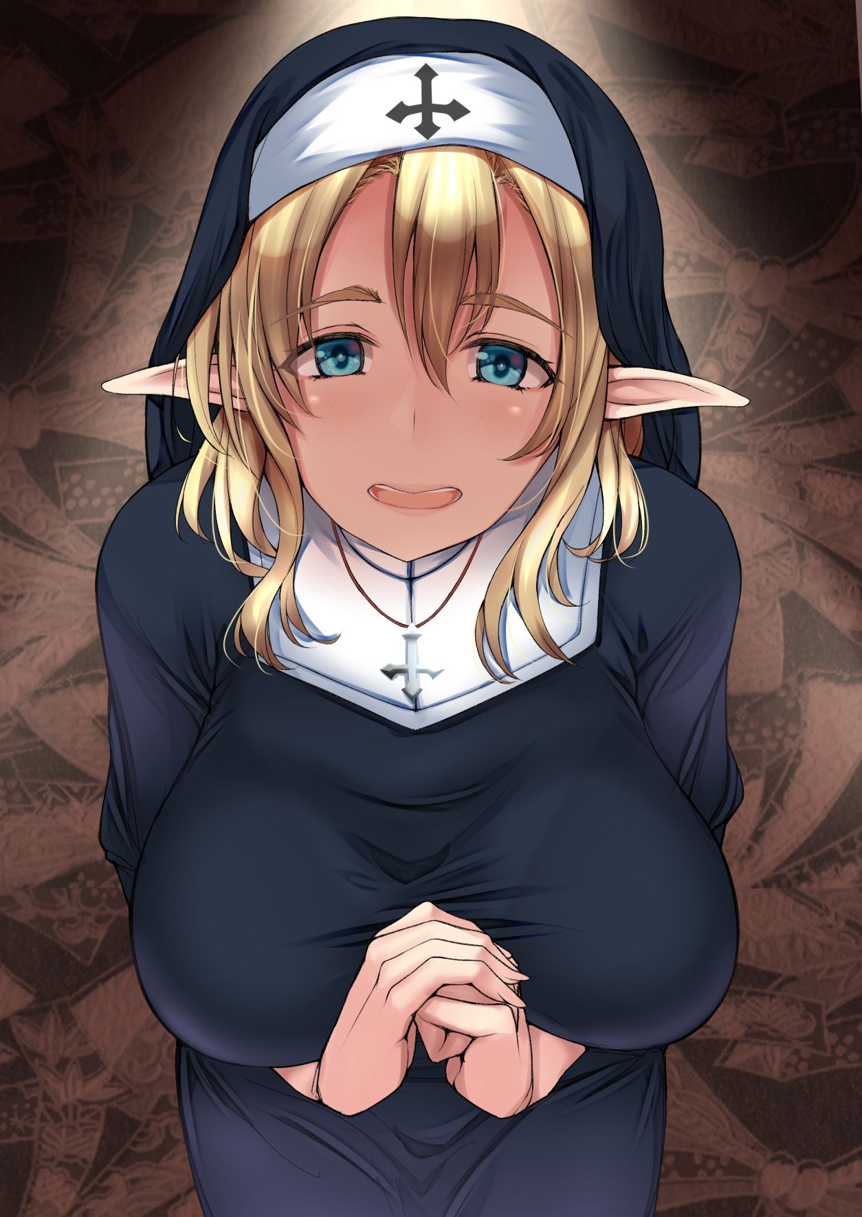 1girl black_dress blonde_hair breasts cross cross_necklace dress elf from_above habit highres huge_breasts jewelry kuurunaitsu long_hair long_pointy_ears long_sleeves looking_at_viewer necklace nun original pointy_ears solo