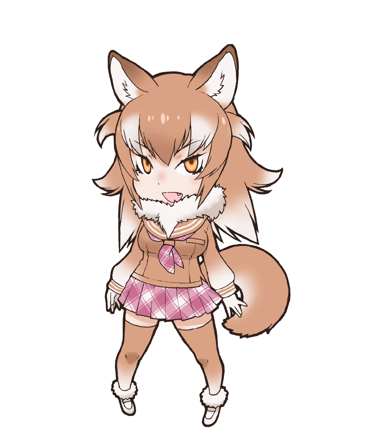 1girl animal_ear_fluff animal_ears brown_eyes brown_hair extra_ears highres japanese_wolf_(kemono_friends) kemono_friends kneehighs long_hair looking_at_viewer official_art open_mouth sailor_collar scarf school_uniform shoes skirt socks solo tail transparent_background wolf_ears wolf_girl wolf_tail yoshizaki_mine
