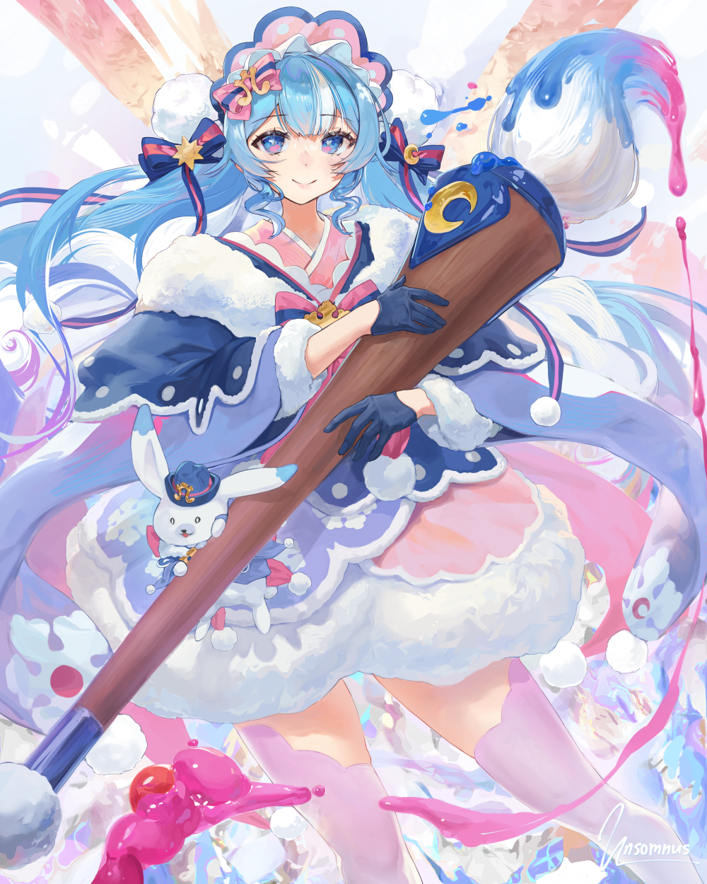 1girl animal black_gloves blue_eyes blue_hair closed_mouth fur-trimmed_kimono fur_trim giant_brush gloves hair_ornament hair_ribbon hairband hatsune_miku highres holding holding_paintbrush japanese_clothes kimono lolita_hairband long_hair long_sleeves looking_at_viewer multicolored_hair paintbrush pom_pom_(clothes) pom_pom_hair_ornament rabbit rabbit_yukine ribbon signature smile streaked_hair thighhighs twintails unsomnus vocaloid wide_sleeves yuki_miku yuki_miku_(2023)