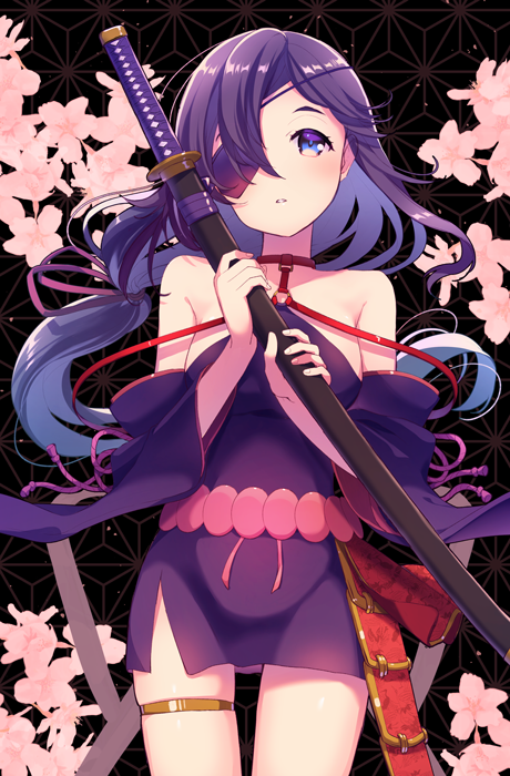 armor bare_shoulders blue_eyes cherry_blossoms choker detached_sleeves eyepatch floral_background holding holding_weapon japanese_armor katana low_ponytail okanoyuno one_eye_closed purple_hair rope sheath sheathed shimenawa shokudaikiri_mitsutada_(tenka_hyakken) standing sword tenka_hyakken weapon wide_sleeves