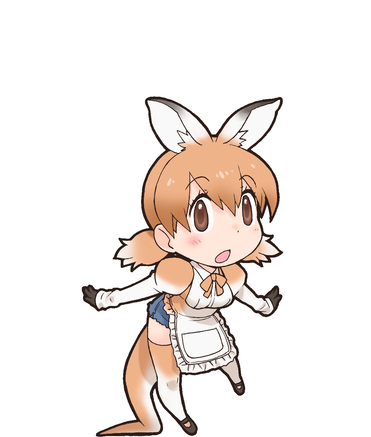 1girl animal_ear_fluff animal_ears apron brown_eyes brown_hair gloves highres kangaroo_girl kemono_friends kneehighs long_hair looking_at_viewer necktie official_art open_mouth red_kangaroo_(kemono_friends) shirt shoes shorts socks solo tail transparent_background twintails yoshizaki_mine