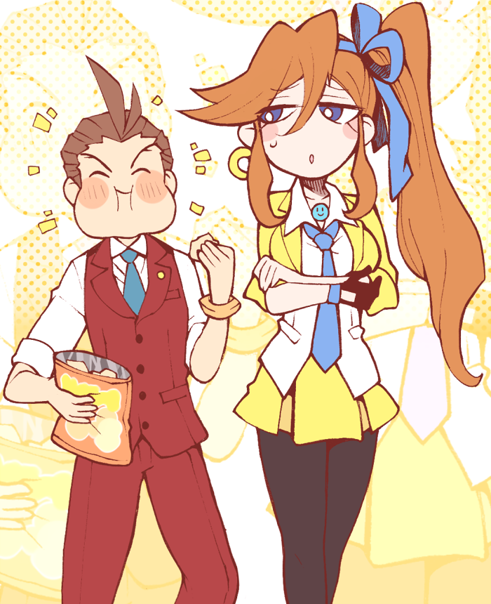 1boy 1girl ace_attorney antenna_hair apollo_justice athena_cykes bag_of_chips blue_eyes blue_necktie blush bracelet brown_hair chips_(food) closed_eyes closed_mouth collared_shirt crescent crescent_earrings cropped_jacket crossed_arms earrings eating food formal gloves hair_ribbon holding holding_food jacket jewelry long_hair looking_at_another minashirazu necktie open_mouth orange_hair pants pantyhose partially_fingerless_gloves phoenix_wright:_ace_attorney_-_dual_destinies potato_chips puffy_cheeks ribbon shirt short_hair side_ponytail single_earring single_glove skirt smile suit vest white_shirt yellow_jacket yellow_skirt
