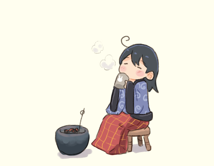 1girl ahoge black_hair blanket closed_eyes commentary_request cup drinking grill happi japanese_clothes kantai_collection long_hair mug negative_space saiguchi_otoufu simple_background sitting solo ushio_(kancolle) white_background