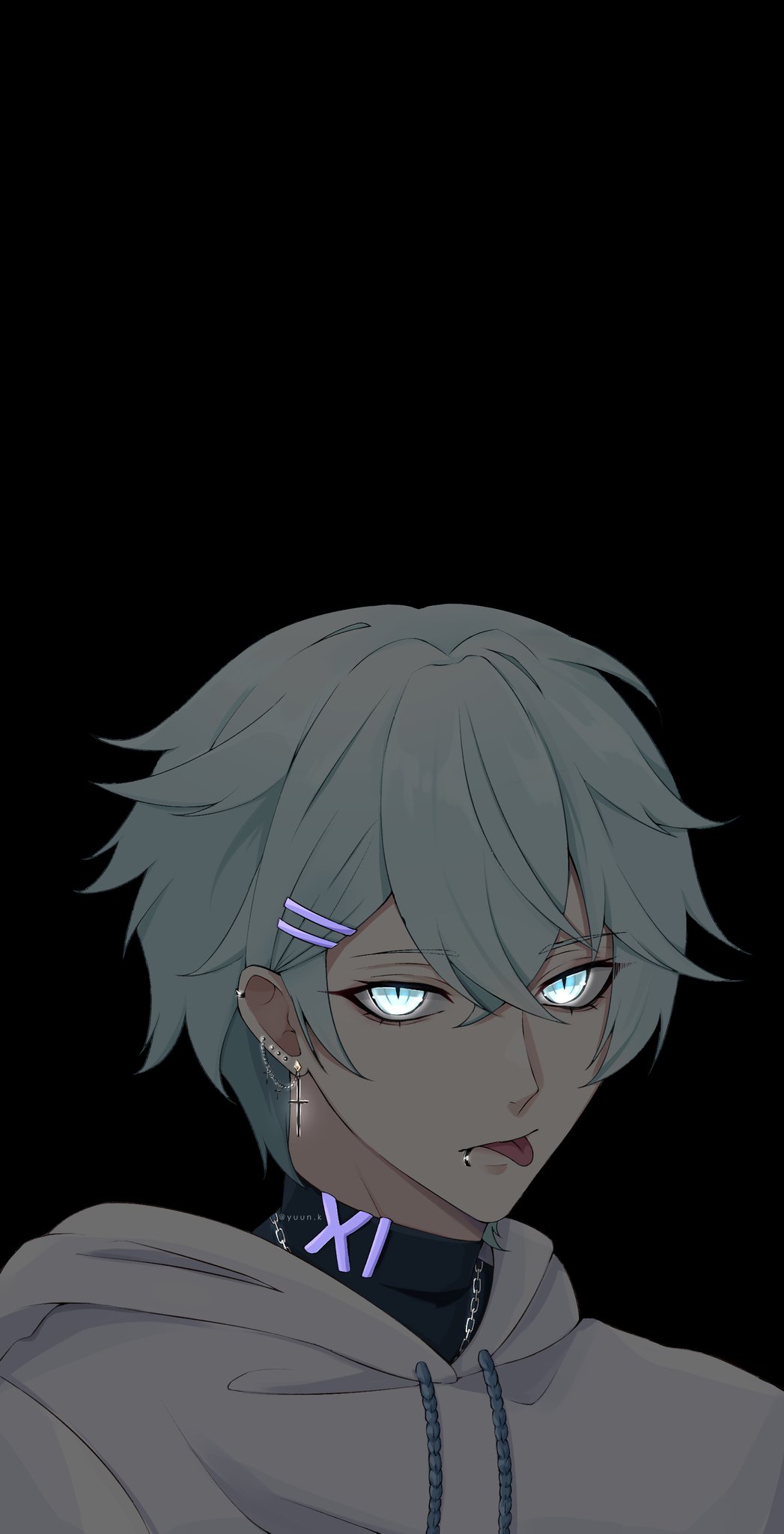 1boy :p black_background black_shirt chain_necklace chongyun_(genshin_impact) cross cross_earrings ear_piercing earrings english_commentary genshin_impact glowing glowing_earrings glowing_eyes glowing_jewelry green_eyes green_hair hair_between_eyes hair_ornament hairclip highres hood hoodie jewelry looking_at_viewer male_focus mouth_piercing necklace piercing portrait shirt short_hair simple_background single_earring slit_pupils solo tongue tongue_out turtleneck twitter_username white_hoodie yuun_ko