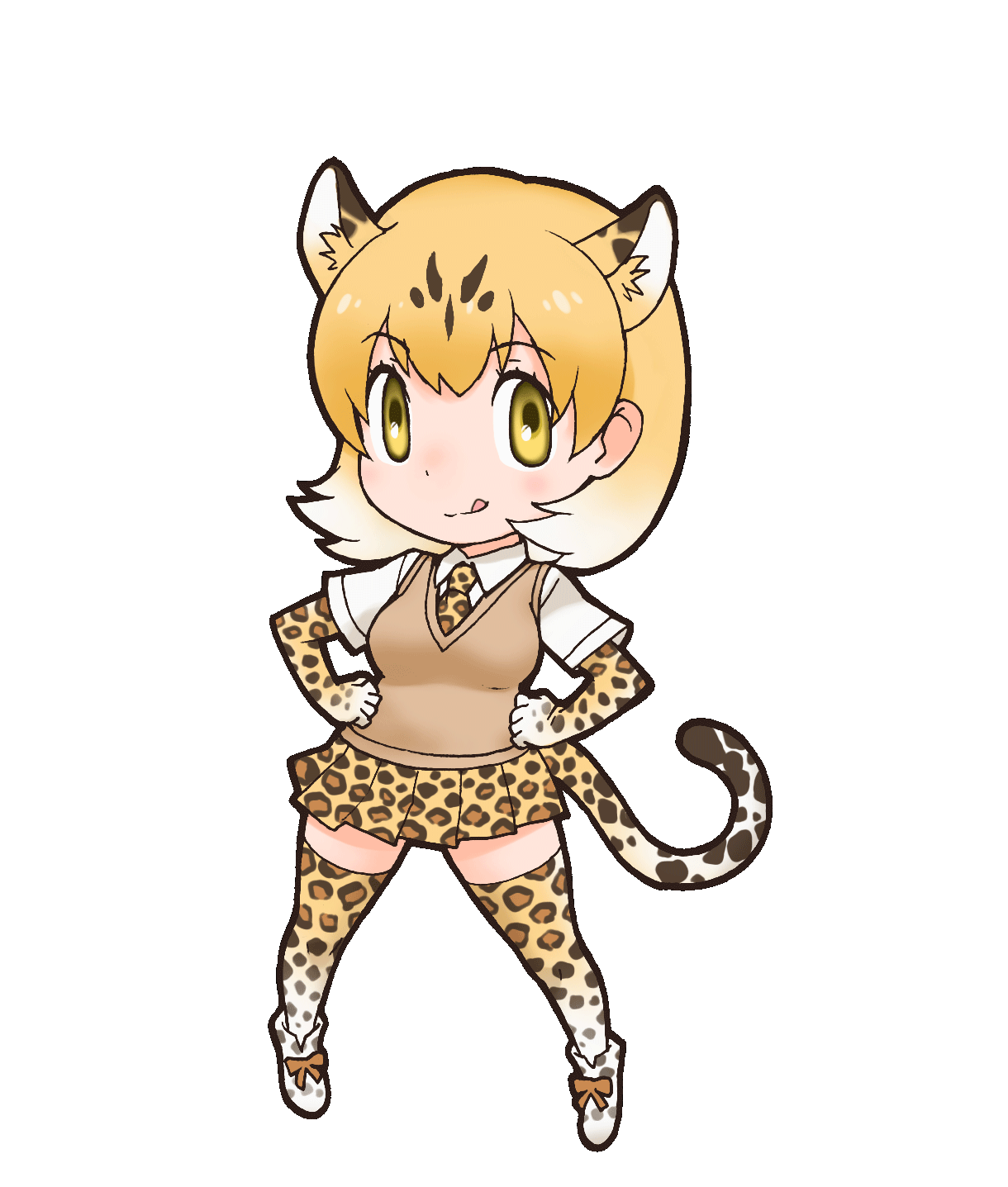 1girl animal_ears blonde_hair elbow_gloves extra_ears gloves highres kemono_friends kneehighs leopard_(yatterman) leopard_ears leopard_girl leopard_tail looking_at_viewer necktie official_art shirt shoes short_hair skirt socks solo tail tongue transparent_background yellow_eyes yoshizaki_mine