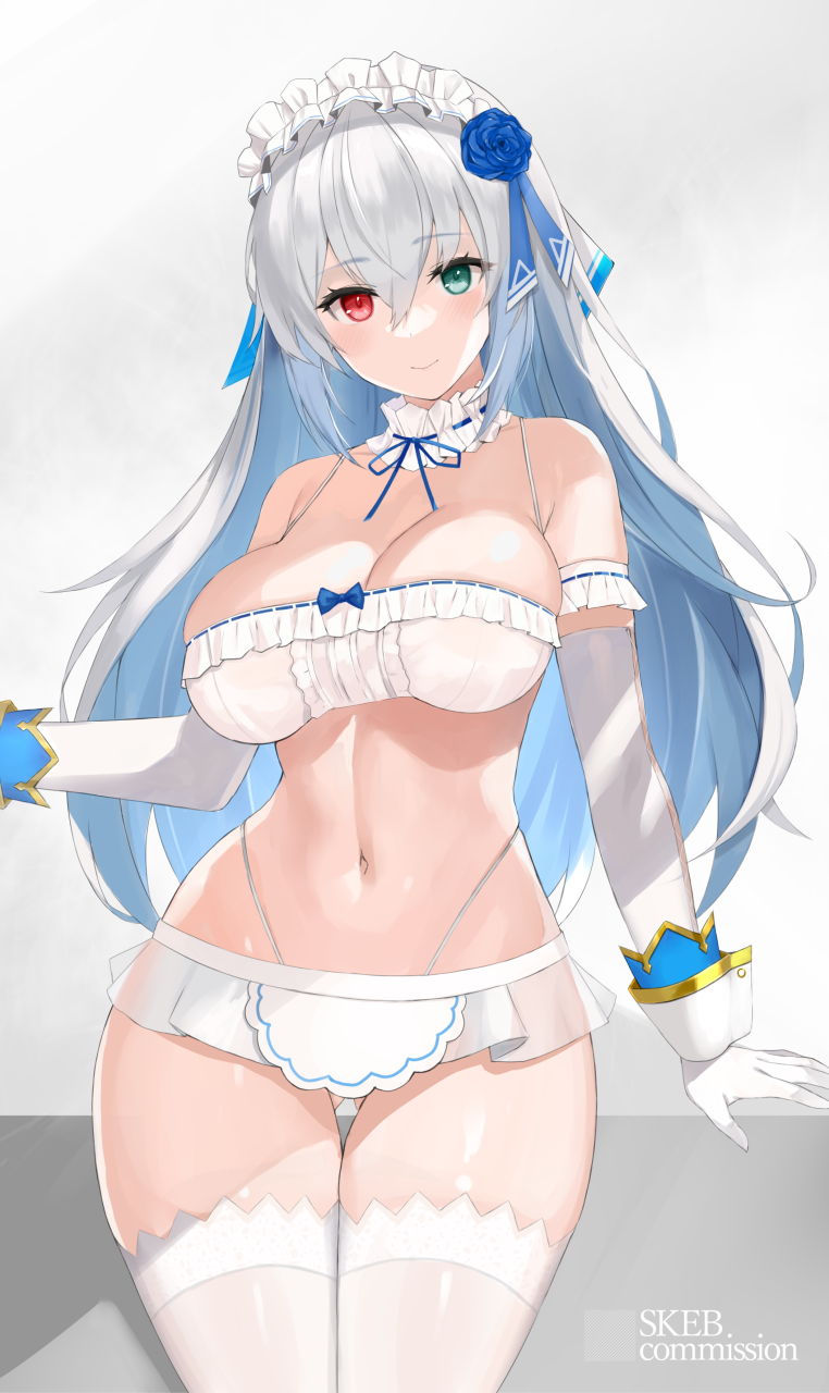 1girl ass_visible_through_thighs bangs bare_shoulders bikini blue_flower blue_hair blue_ribbon blue_rose breasts cleavage closed_mouth colored_inner_hair commission cowboy_shot elbow_gloves flower frilled_bikini frills gloves green_eyes grey_hair heterochromia highleg highleg_bikini highres large_breasts long_hair maid_headdress microskirt multicolored_hair nakamura_nagare navel neck_garter original red_eyes ribbon rose see-through shirt simple_background skeb_commission skirt smile solo stomach swimsuit thigh_gap thighhighs two-tone_hair very_long_hair white_bikini white_gloves white_shirt white_skirt white_thighhighs wrist_cuffs