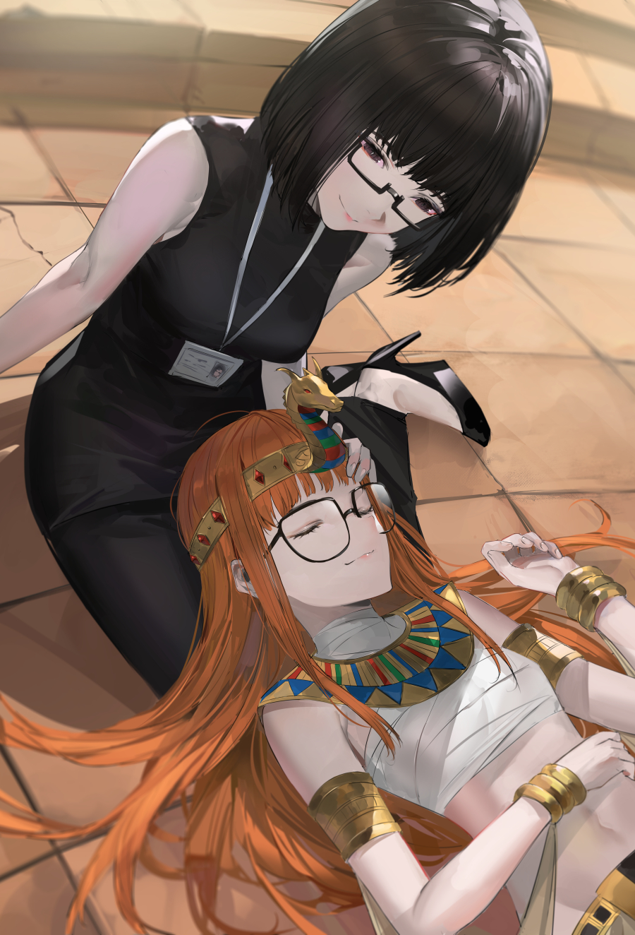 2girls armlet bandages bandeau black_hair black_pants blazpu bracelet closed_eyes closed_mouth commission egyptian_clothes english_commentary glasses hair_spread_out high_heels highres id_card isshiki_wakaba jewelry lanyard lap_pillow long_hair looking_at_another lying mature_female midriff mother_and_daughter multiple_girls navel on_back orange_hair pants persona persona_5 sakura_futaba shirt short_hair sitting sleeveless sleeveless_shirt smile stomach yokozuwari