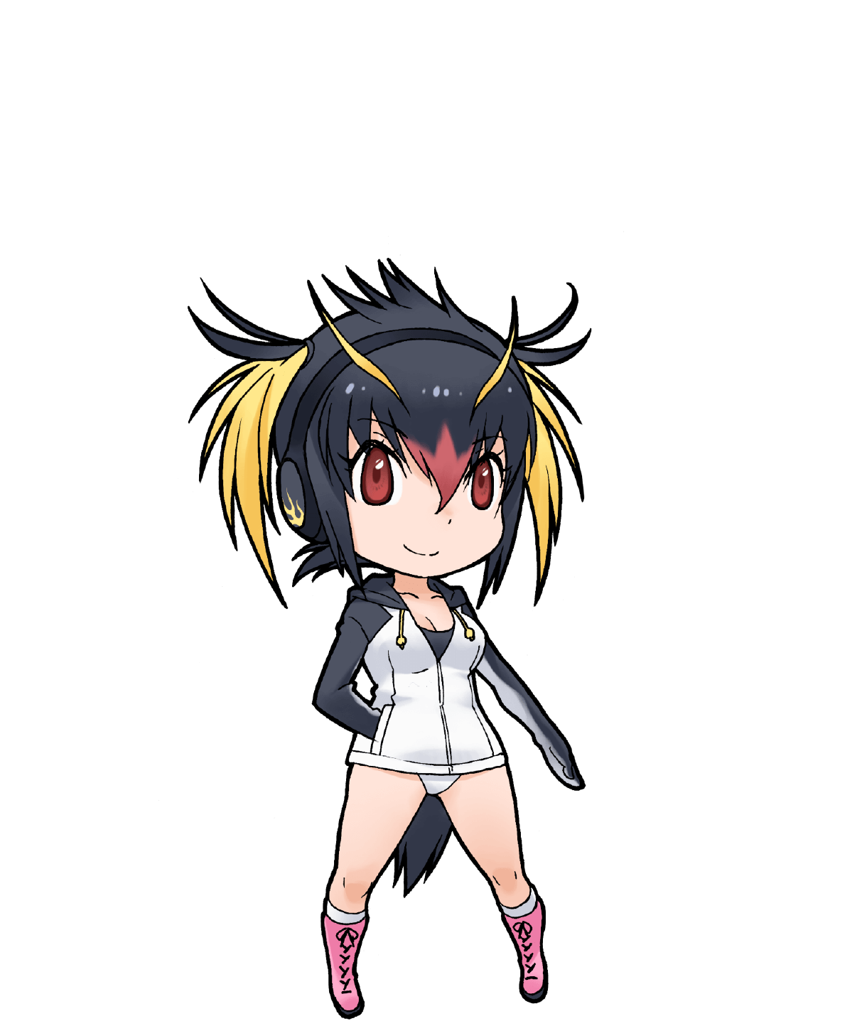 1girl black_hair blonde_hair boots breasts cleavage closed_mouth headphones highres hood hoodie kemono_friends leotard looking_at_viewer multicolored_hair official_art penguin_girl penguin_tail red_eyes rockhopper_penguin_(kemono_friends) short_hair socks solo tail transparent_background yoshizaki_mine