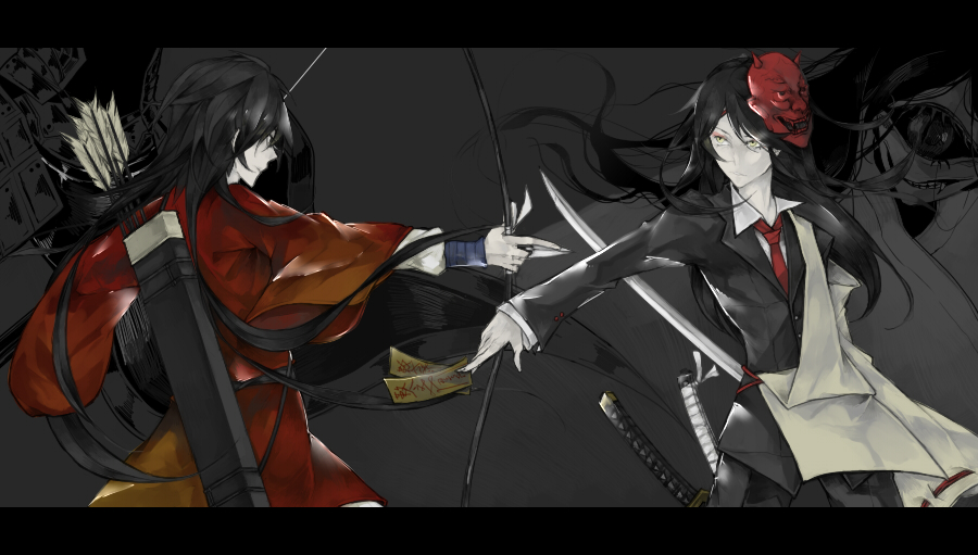 2girls arrow_(projectile) aymmogh black_background black_hair black_jacket black_pants bow_(weapon) closed_mouth collared_shirt holding holding_bow_(weapon) holding_weapon jacket katana letterboxed long_hair looking_at_another mask mask_on_head multiple_girls necktie ofuda oni_mask original pants quiver red_necktie sheath shirt sword upper_body weapon white_shirt yellow_eyes