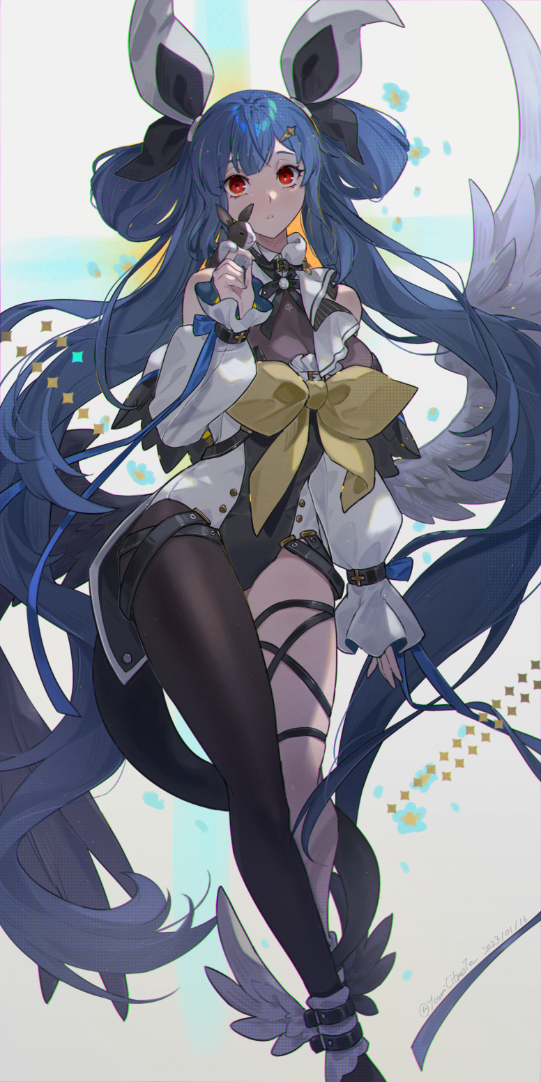 1girl animal_on_hand asymmetrical_legwear bare_shoulders blue_hair bow dated detached_sleeves dizzy_(guilty_gear) feathered_wings guilty_gear hair_bow hair_ornament highres long_hair long_sleeves open_mouth parted_lips rabbit red_eyes sleeves_past_wrists strap thigh_strap twintails twitter_username very_long_hair wings youmicitrustea