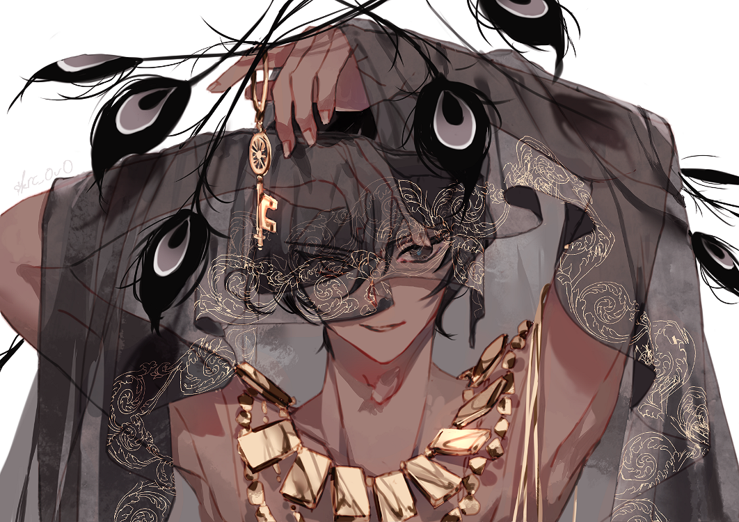 1boy ace adam's_apple arjuna_(fate) black_hair card dark-skinned_male dark_skin fate/grand_order fate_(series) hair_between_eyes indian_clothes jewelry key lace_trim peacock_feathers playing_card sakuramochi1003 see-through short_hair solo topless_male white_background