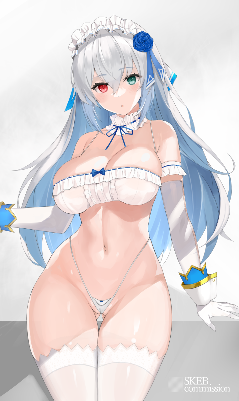 1girl :o ass_visible_through_thighs bangs bare_shoulders bikini blue_flower blue_hair blue_ribbon blue_rose breasts cleavage colored_inner_hair commission cowboy_shot elbow_gloves flower frilled_bikini frills gloves green_eyes grey_hair heterochromia highleg highleg_bikini highres large_breasts long_hair maid_headdress multicolored_hair nakamura_nagare navel neck_garter original parted_lips partially_fingerless_gloves red_eyes ribbon rose shirt simple_background skeb_commission solo stomach swimsuit thigh_gap thighhighs two-tone_hair very_long_hair wedgie white_bikini white_gloves white_shirt white_thighhighs wrist_cuffs