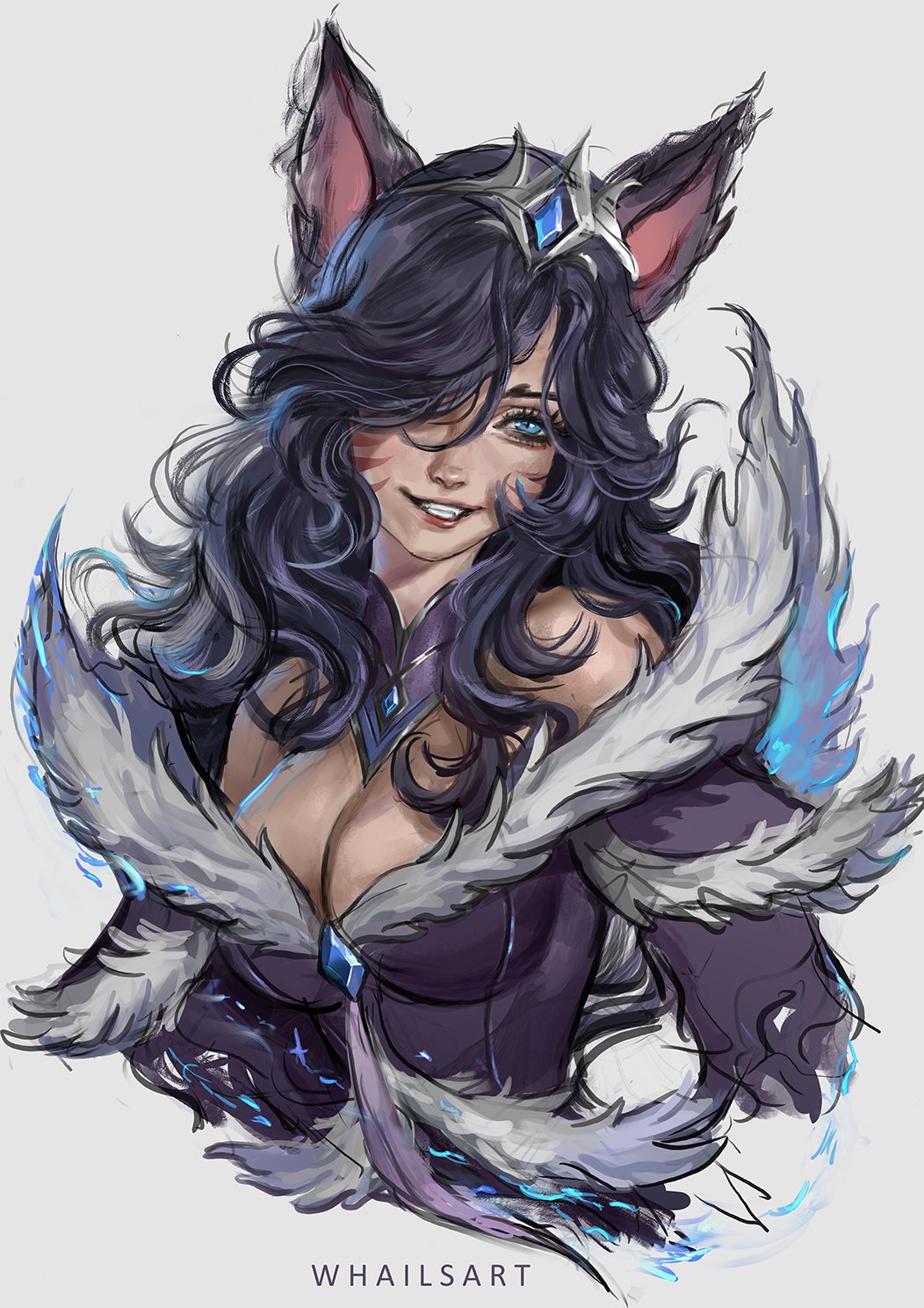 1girl ahri_(league_of_legends) alternate_hairstyle animal_ears black_hair blue_eyes breasts cleavage cropped_torso detached_collar facial_mark fangs fox_ears fur_collar highres large_breasts league_of_legends long_hair looking_at_viewer midnight_ahri smile solo strapless tiara whails whisker_markings yellow_eyes