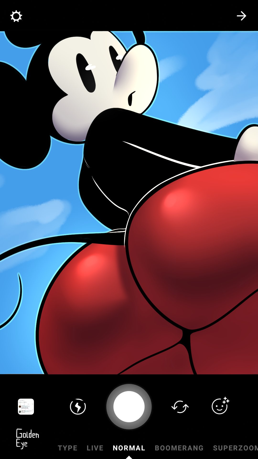 anthro big_butt black_body black_fur bottomwear butt camera_view clothed clothing digital_media_(artwork) disney fur golde hi_res looking_down low-angle_view male mammal mickey_mouse mouse murid murine rear_view red_bottomwear red_clothing red_shorts rodent shorts sky solo surprise thick_thighs topless worm's-eye_view