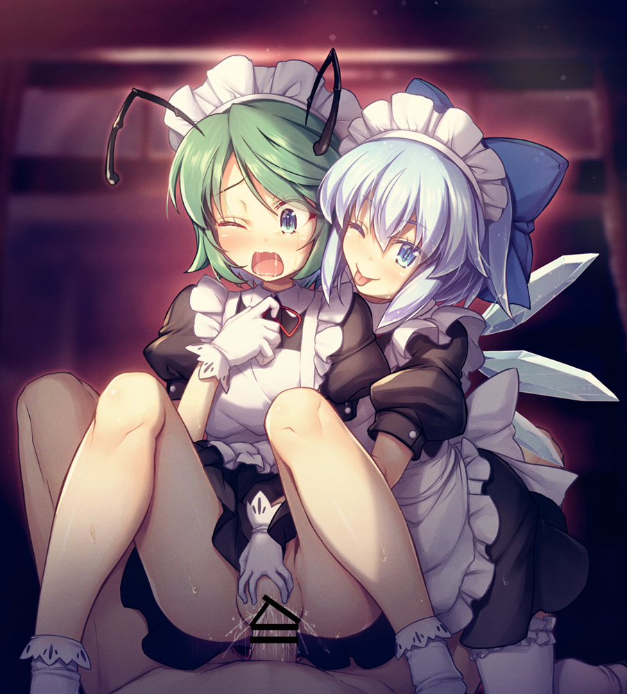 1boy 2girls alternate_costume antennae apron bar_censor black_dress blue_bow blue_eyes blue_hair blush bow censored chima_q cirno dress enmaided fairy frilled_apron frills gloves green_eyes green_hair hair_between_eyes hair_bow ice ice_wings maid maid_apron multiple_girls one_eye_closed open_mouth penis puffy_short_sleeves puffy_sleeves sex short_hair short_sleeves smile socks tongue tongue_out touhou white_apron white_gloves white_socks wings wriggle_nightbug