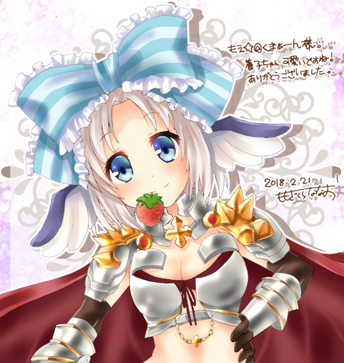 1girl armor bangs bikini_armor blue_bow blue_eyes blush bow breasts cape cleavage closed_mouth commentary_request cross dated food food_in_mouth frilled_bow frills fruit gauntlets hair_bow head_wings large_bow looking_at_viewer medium_breasts midriff momozakura_nanao parted_bangs pauldrons ragnarok_online red_cape rune_knight_(ragnarok_online) short_hair shoulder_armor signature smile solo spiked_pauldrons strawberry translation_request upper_body white_hair white_wings wings