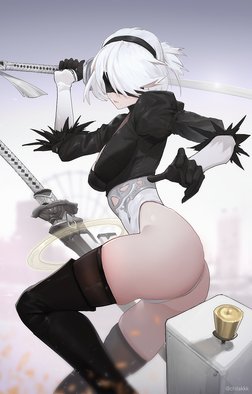 1girl arm_up ass black_blindfold black_gloves black_hairband black_thighhighs blindfold breasts chilakkk closed_mouth feather-trimmed_sleeves floating_hair from_side gloves hairband hand_up highres holding holding_sword holding_weapon juliet_sleeves katana leotard long_sleeves medium_breasts nier_(series) nier_automata puffy_sleeves short_hair skindentation solo sword tassel thighhighs thighs weapon white_hair white_leotard yorha_no._2_type_b