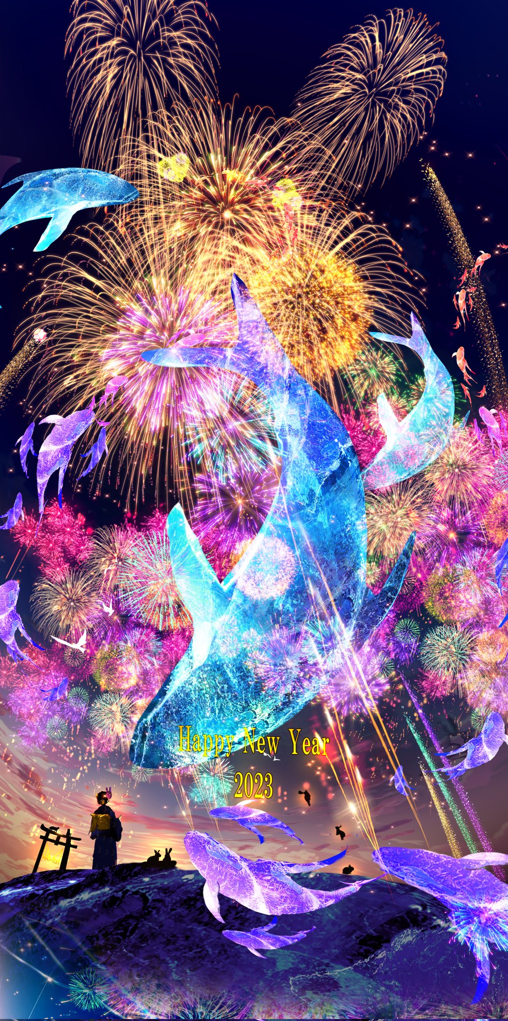 1girl 2023 aerial_fireworks animal bunny_mask commentary_request fireworks happy_new_year highres japanese_clothes kimono makoron117117 mask new_year original rabbit scenery solo temple_gate torii whale