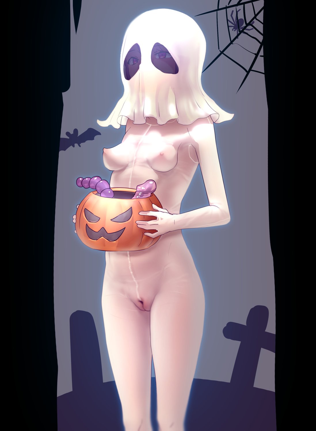 1girl breasts bucket bug commentary dildo ghost_mask grave halloween halloween_bucket halloween_costume highres holding holding_bucket mask nipples nude original pussy sex_toy silk small_breasts solo spider spider_web standing yamada_(gotyui)