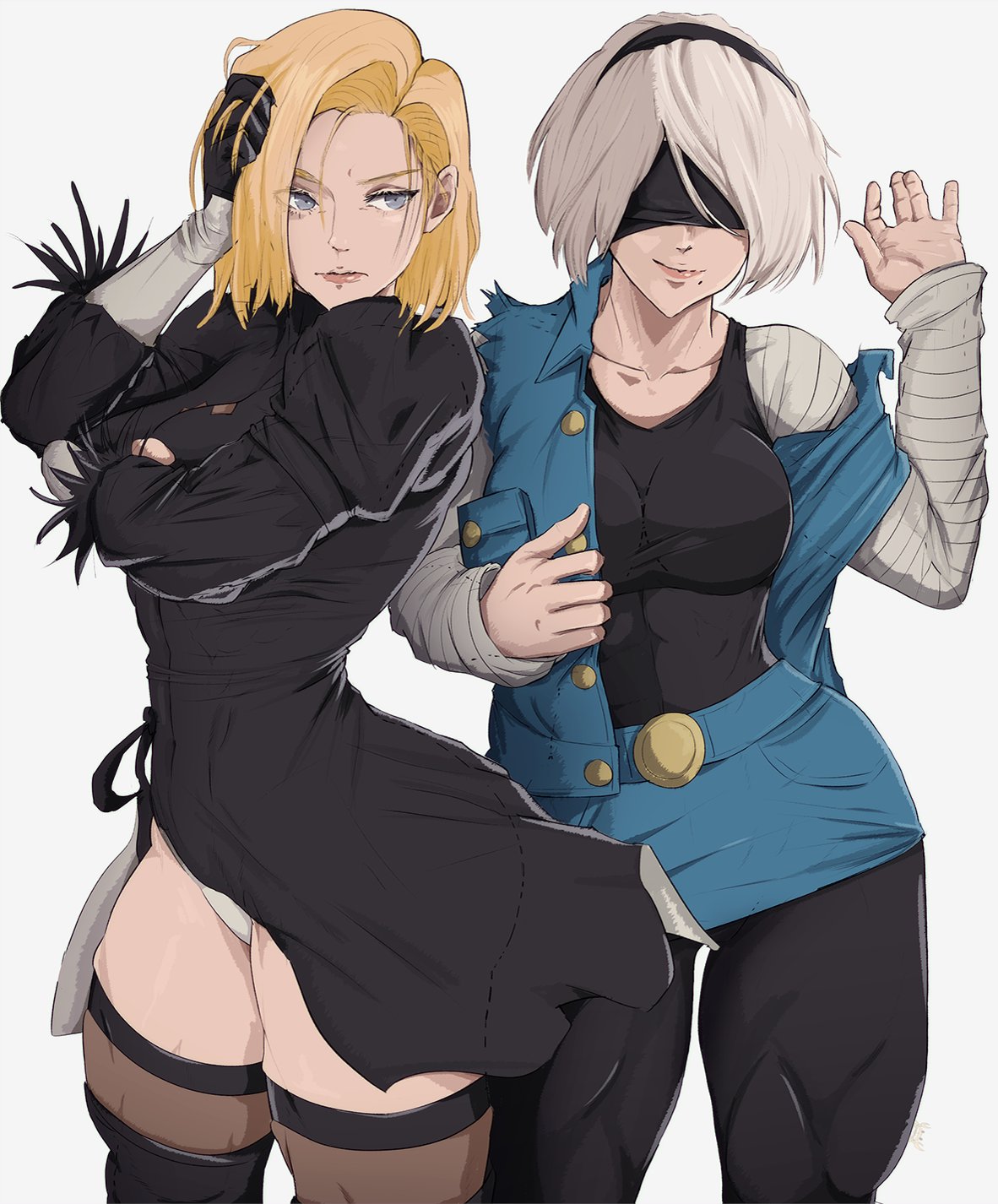 2girls android_18 android_18_(cosplay) black_blindfold black_hairband blindfold blonde_hair boots cosplay costume_switch denim denim_jacket denim_skirt dragon_ball dragon_ball_z dressing feather-trimmed_sleeves feather_trim grey_hair hairband highres jacket juliet_sleeves long_sleeves looking_at_another mole mole_under_mouth multiple_girls nier_(series) nier_automata puffy_sleeves short_hair skirt smile striped_sleeves thigh_boots thighhighs thighhighs_under_boots trait_connection yoracrab yorha_no._2_type_b yorha_no._2_type_b_(cosplay)