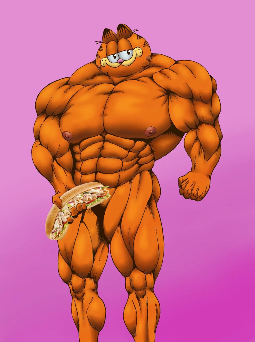 abs anthro big_muscles domestic_cat edit felid feline felis food garfield_(series) garfield_the_cat looking_at_viewer male mammal muscular nipples sandwich_(food) simple_background solo subway where_is_your_god_now