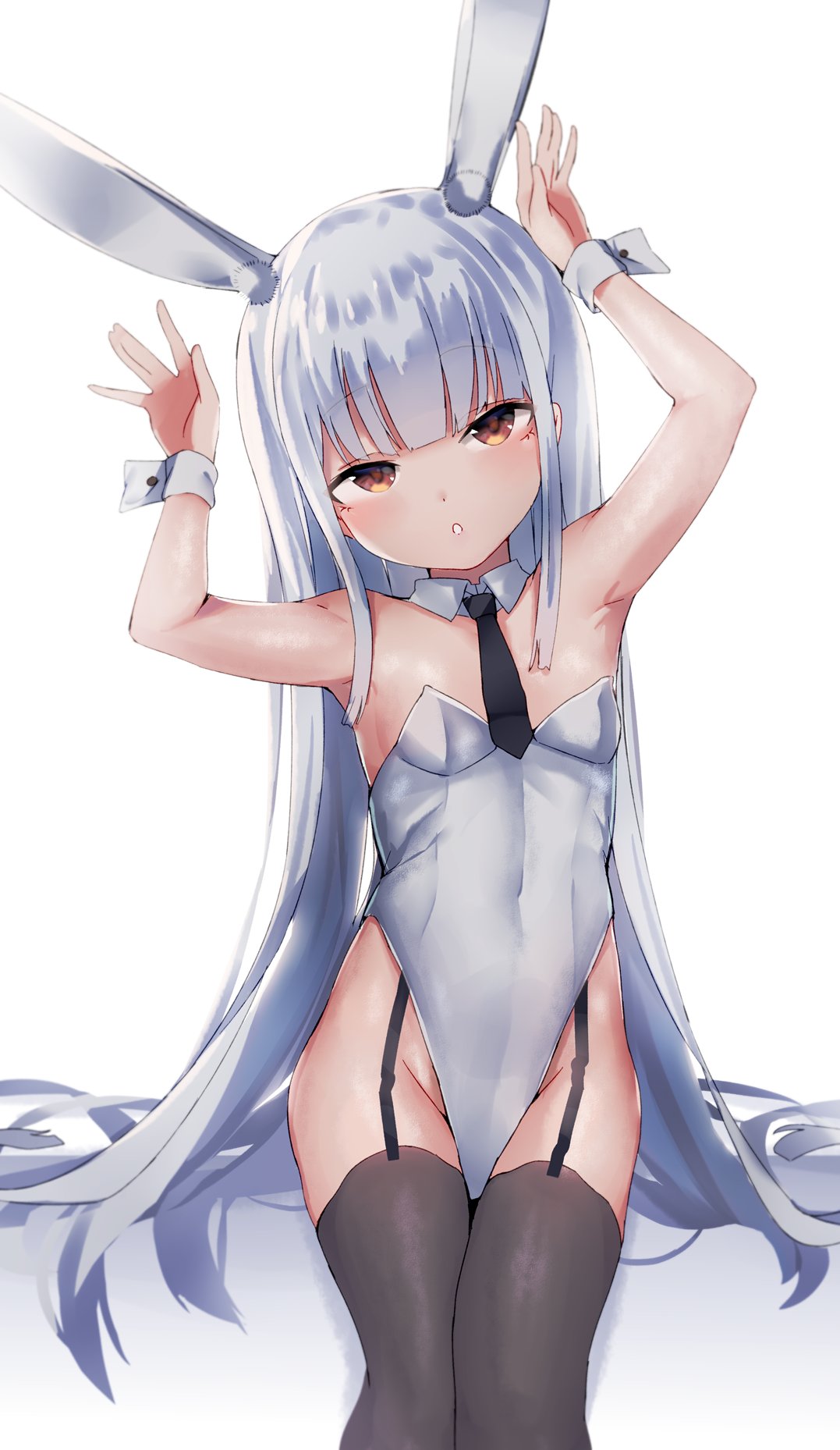 1girl animal_ears armpits arms_up bare_shoulders black_thighhighs breasts brown_eyes bunny_pose garter_straps grey_hair groin highleg highleg_leotard highres kure_(kure_ng) leotard long_hair original rabbit_ears simple_background sitting small_breasts solo strapless strapless_leotard thighhighs thighs very_long_hair white_background white_leotard wrist_cuffs