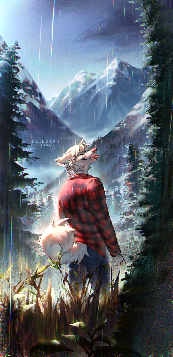 2022 anthro canid canine canis clothed clothing day detailed_background digital_media_(artwork) domestic_dog forest grass hair hi_res male mammal outside plant reilukah sky smile tree white_hair