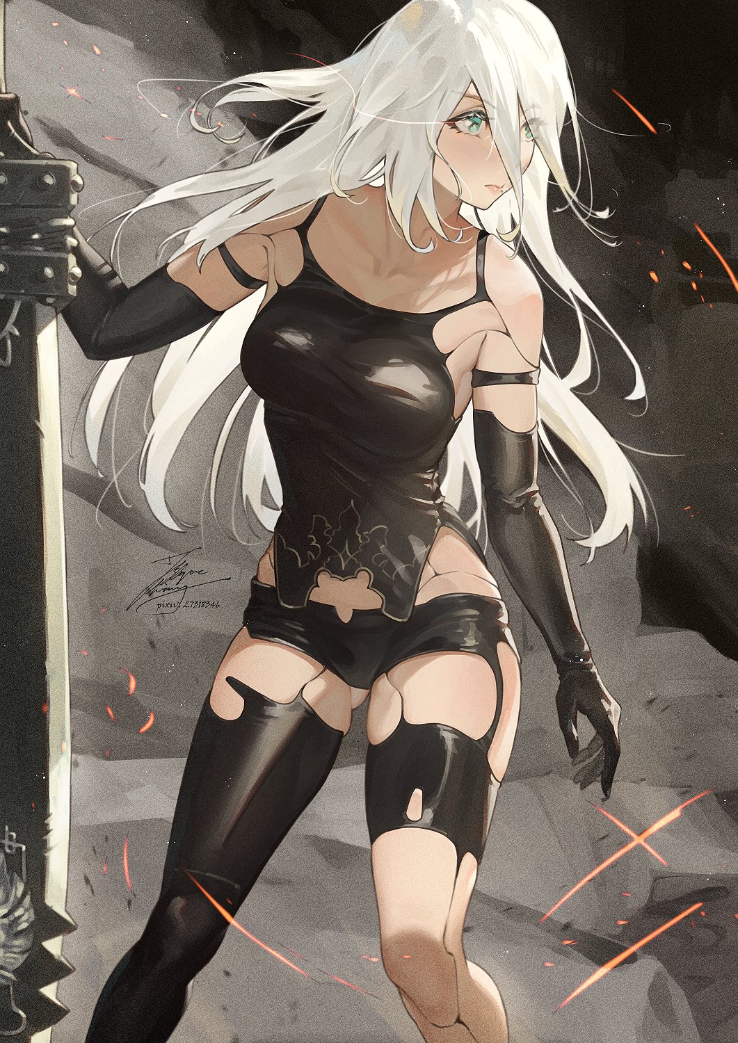 1girl android armlet bare_shoulders beastlord_(sword) black_gloves black_tank_top blue_eyes elbow_gloves fadingz gloves hair_between_eyes highres joints long_hair nier_(series) nier_automata robot_joints short_shorts shorts solo tank_top white_hair yorha_type_a_no._2