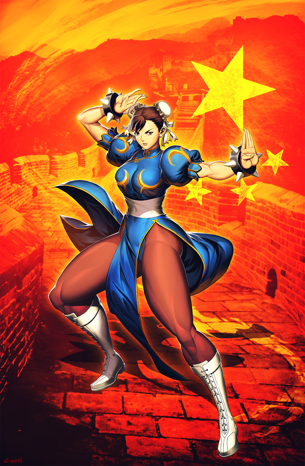 1girl boots bracelet china_dress chinese_clothes chun-li dress english_commentary fighting_stance genzoman great_wall_of_china highres jewelry kung_fu looking_at_viewer martial_arts muscular muscular_female official_art people's_republic_of_china_flag promotional_art spiked_bracelet spikes street_fighter street_fighter_ii_(series) thighhighs toned