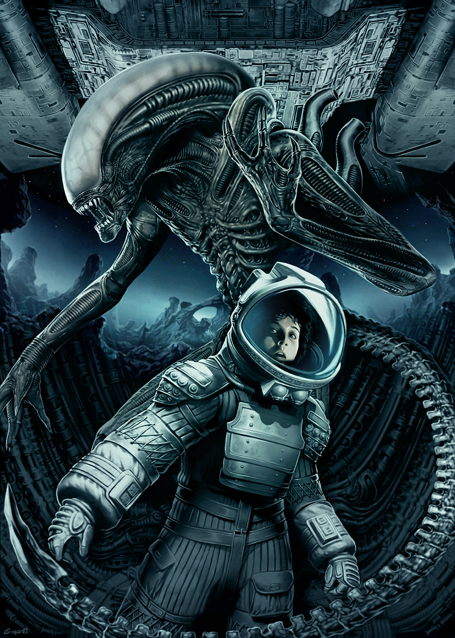 1girl alien alien_(movie) black_hair claws derelict ellen_ripley fangs genzoman gloves helmet highres lips looking_at_viewer lv-426 machinery monster mountainous_horizon open_mouth realistic scared science_fiction signature spacecraft spacesuit tail uscss_nostromo xenomorph