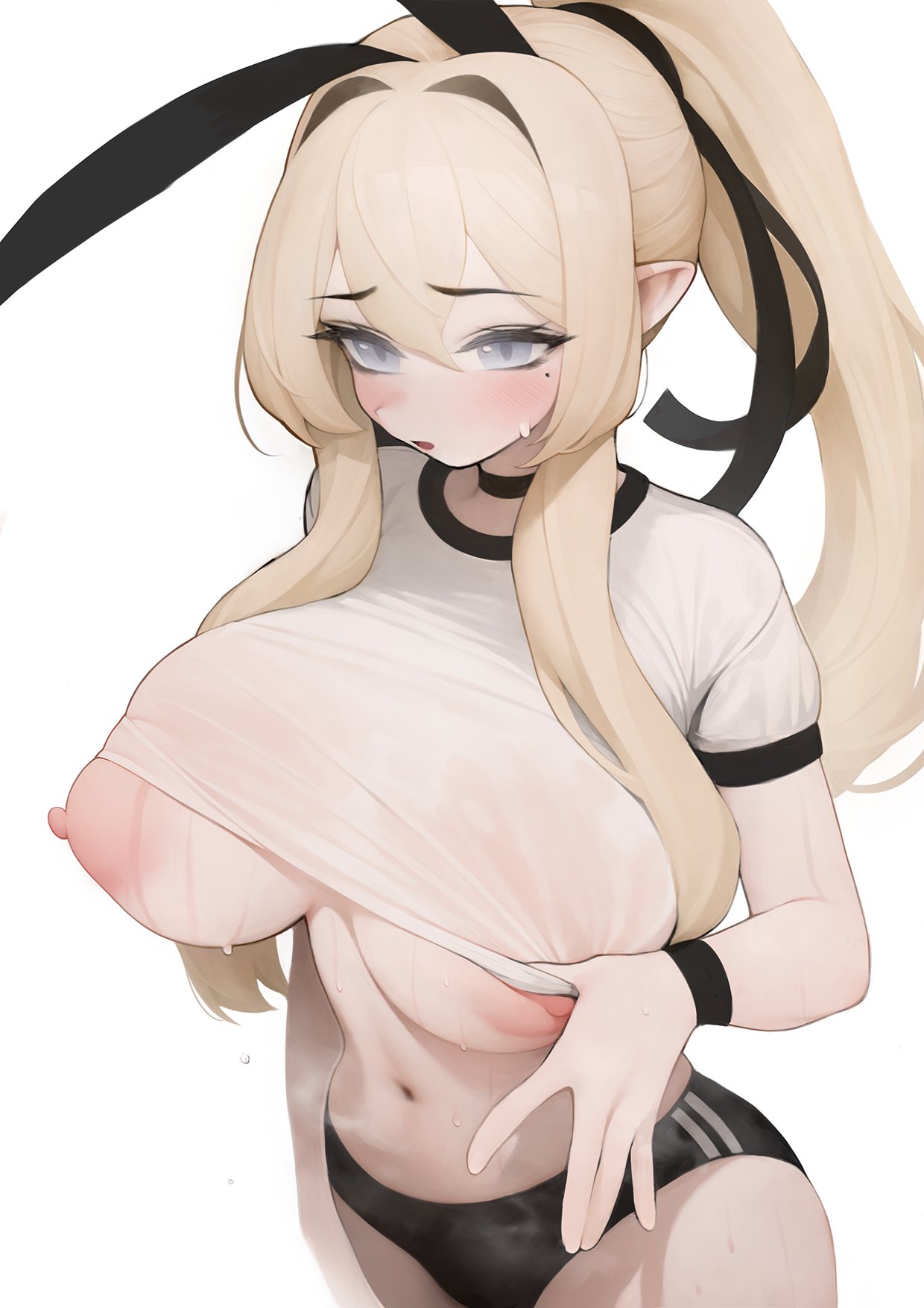 1girl bangs black_ribbon blue_eyes blush breasts buruma clothes_lift crop_top gym_uniform hair_ribbon highres huge_breasts long_hair mole mole_under_eye navel nipples open_mouth original pointy_ears ponytail puffy_nipples rabbit_(wlsdnjs950) ribbon shirt shirt_lift simple_background solo sweat wet wet_clothes wet_shirt white_background