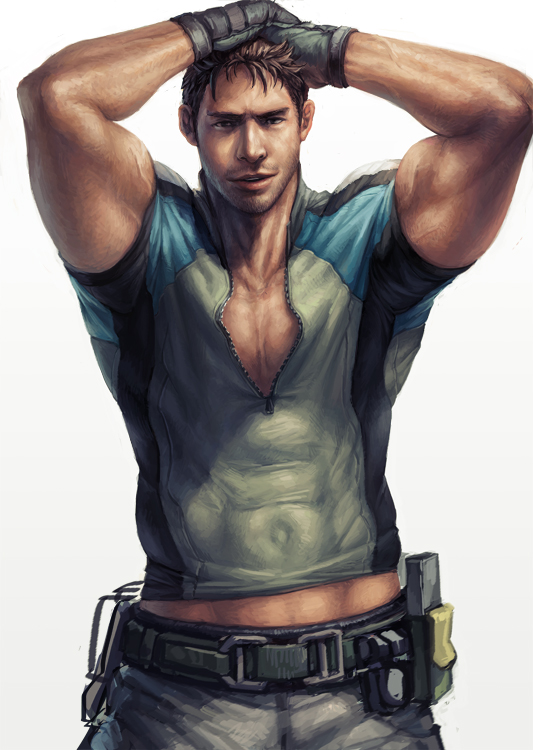 1boy armpit bara body_hair brown_hair chris_redfield looking_at_viewer male_focus muscle pecs presenting resident_evil smile solo undressing