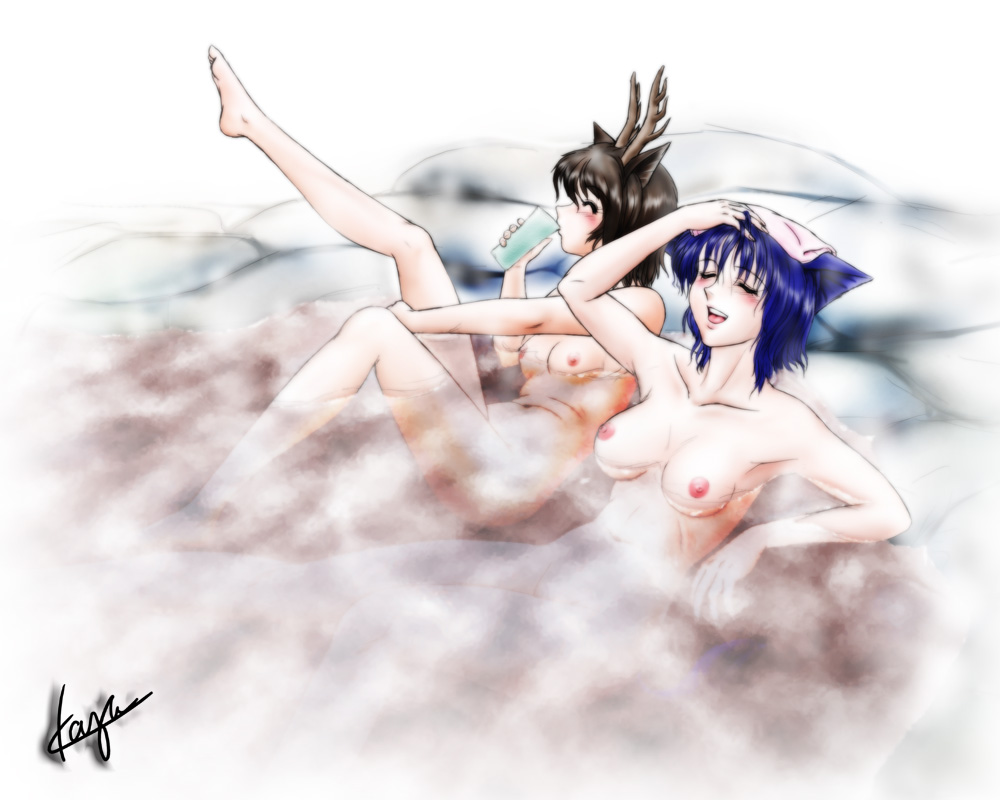 2girls animal_ears blue_hair breasts brown_hair cat_ears horns multiple_girls nude onsen solail_(faya) towel