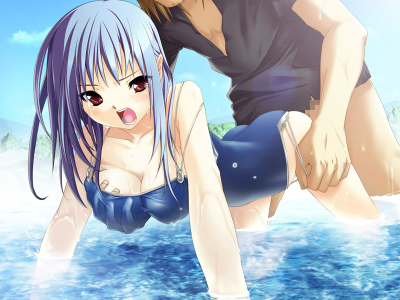 1boy 1girl all_fours arm_support artist_request bent_over blue_hair blush breast_grab breasts brown_eyes censored character_request cleavage clothed_sex collarbone doggystyle game_cg grabbing learn_to_tag one-piece_swimsuit open_mouth rape school_swimsuit sex sky swimsuit tears tongue wading water wet