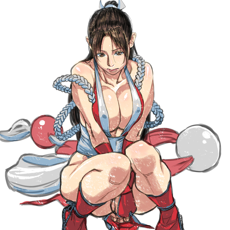bare_shoulders black_hair breast_squeeze breasts brown_eyes brown_hair cleavage fatal_fury fingerless_gloves gloves japanese_clothes kishizuka_kenji large_breasts ponytail shiranui_mai solo the_king_of_fighters