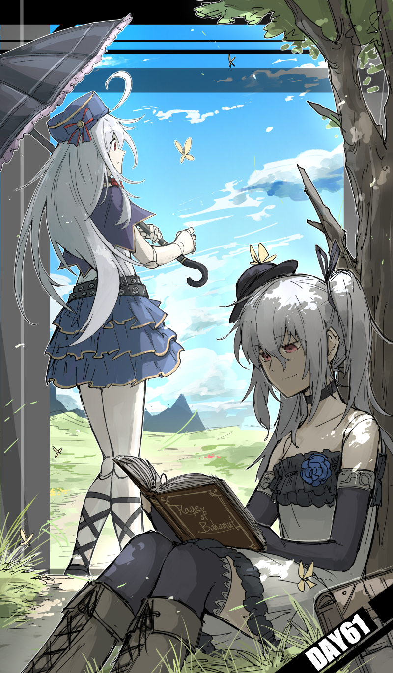 2girls ahoge black_choker black_gloves black_thighhighs blue_flower blue_rose blue_skirt blue_sky book boots choker closed_mouth copyright_name day doll_joints elbow_gloves flat_chest flower fold-over_boots gloves grass grey_hair highres holding holding_umbrella joints kankan33333 layered_skirt long_hair multiple_girls open_book orchis outdoors reading red_eyes rose shingeki_no_bahamut sitting skirt sky smile thighhighs tree twintails umbrella zwei_(shingeki_no_bahamut)