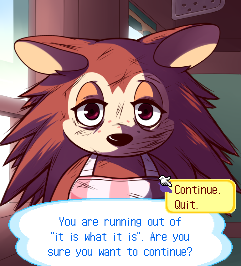 2023 animal_crossing anthro apron brown_body brown_eyes bust_portrait clothing depression dialogue digital_media_(artwork) ears_down english_text eulipotyphlan female freckles gameplay_mechanics guywiththepie hedgehog inside lidded_eyes looking_at_viewer mammal nintendo pivoted_ears portrait sable_able scratches solo speech_bubble text tired tired_eyes