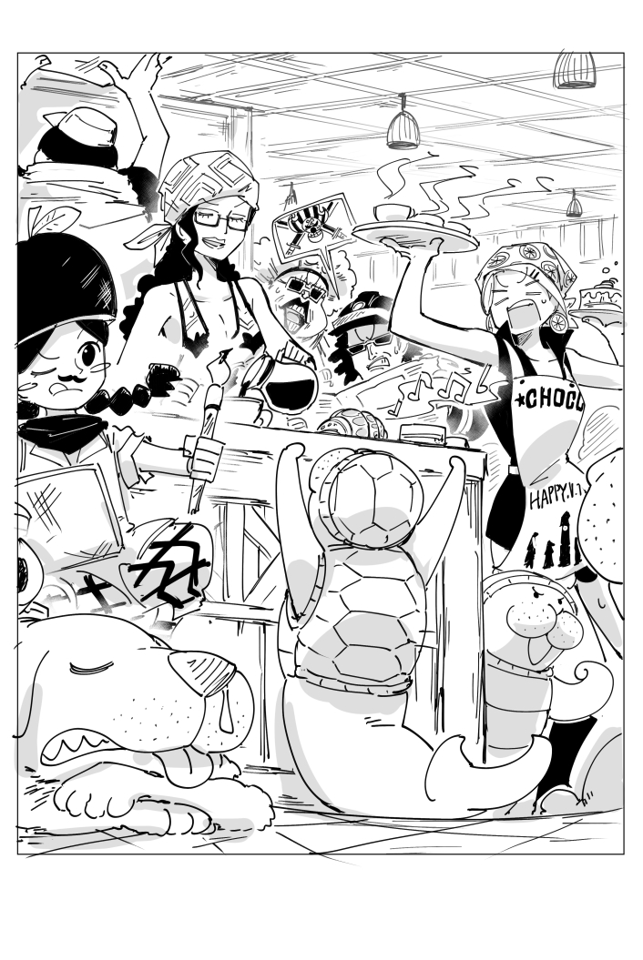 3boys 3girls :3 :q braid character_request creature cup dog head_scarf holding holding_cup kankan33333 multiple_boys multiple_girls musical_note one_piece one_piece_film:_red open_mouth pitcher seashell shell smile sunglasses tongue tongue_out torch twin_braids wide-eyed