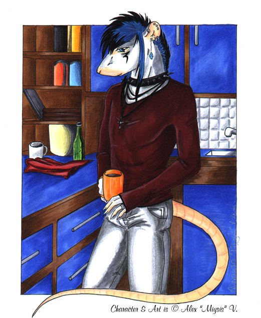 2004 anthro beverage black_collar blue_eyes blue_hair bottomwear clothed clothing collar fully_clothed hair holding_beverage holding_object jewelry male mammal miysis murid murine necklace pants rat red_clothing red_shirt red_topwear rodent shirt sink solo spiked_collar spikes topwear white_bottomwear white_clothing white_pants