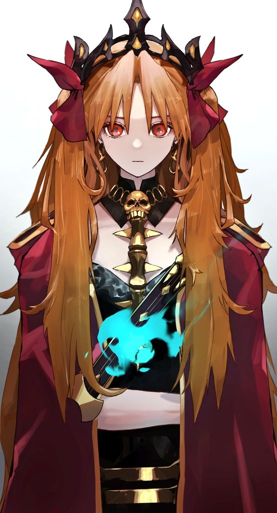 1girl belt blonde_hair bow crown detached_collar earrings ereshkigal_(fate) expressionless fate/grand_order fate_(series) fire flame gradient_background hair_bow halterneck jewelry kdm_(ke_dama) long_hair looking_at_viewer orange_eyes pale_skin red_bow simple_background skill solo white_background