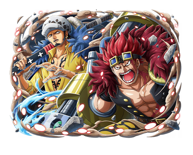 chest_tattoo eustass_captain_kid fur_collar goggles goggles_on_head hat katana one_piece one_piece_treasure_cruise open_clothes open_mouth over_shoulder red_fur red_hair shirt spiked_hair sword sword_over_shoulder tattoo teeth trafalgar_law weapon weapon_over_shoulder yellow_shirt